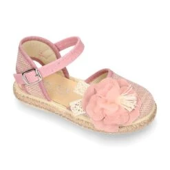 Alpargata Niña Ceremonia Con FLOR En LINO. -Okaaspain alpargata nina ceremonia cierre hebilla flor lona lino 5