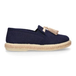 Alpargata Niño Tipo MOCASÍN Con Borlas En LINO NATURAL. -Okaaspain alpargata tipo mocasin borlas elasticos lona lino natural 3