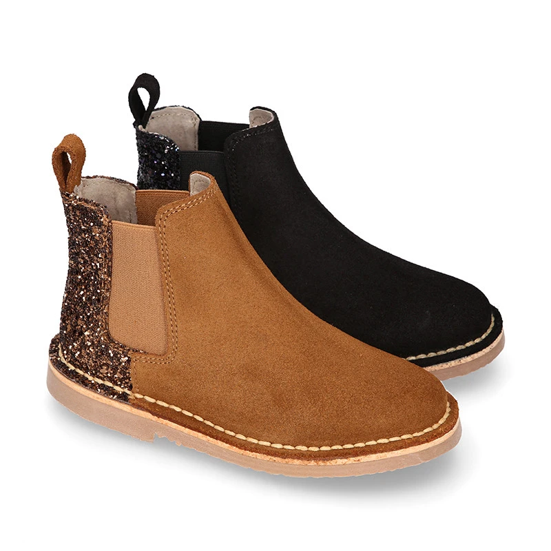 Botín Niña Con Elástico Y Talonera En GLITTER En Piel Serraje. 3 Botín Niña Con Elástico Y Talonera En GLITTER En Piel Serraje.