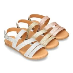 Sandalia Tiras Niña Mayor En Piel Con GLITTER Fino.