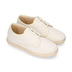 Zapato Tipo Bamba En Lino Beige Con Cordones Y Suela Alpargata