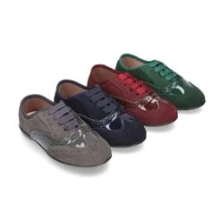Zapato Tipo Blucher Niña Combinado Con Lazos En Piel Serraje Y Charol.
